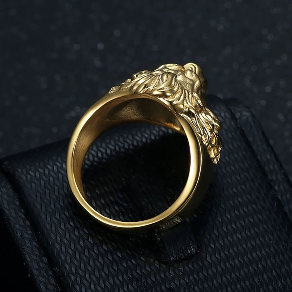 Hip Hop Gold Color Lion Head Ring Stainless Steel Big Large Animal Lion Finger Rings For Men Boys Punk Rapper Jewelry