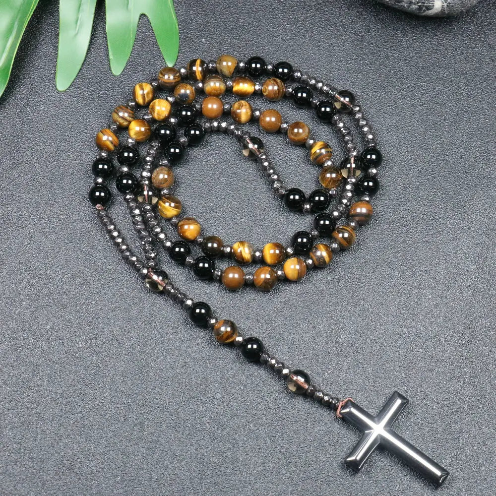 Tiger Eye Black Obsidian Rosary Cross Necklace — Black-Tone, 8mm