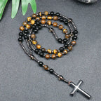 Tiger Eye Black Obsidian Rosary Cross Necklace — Black-Tone, 8mm