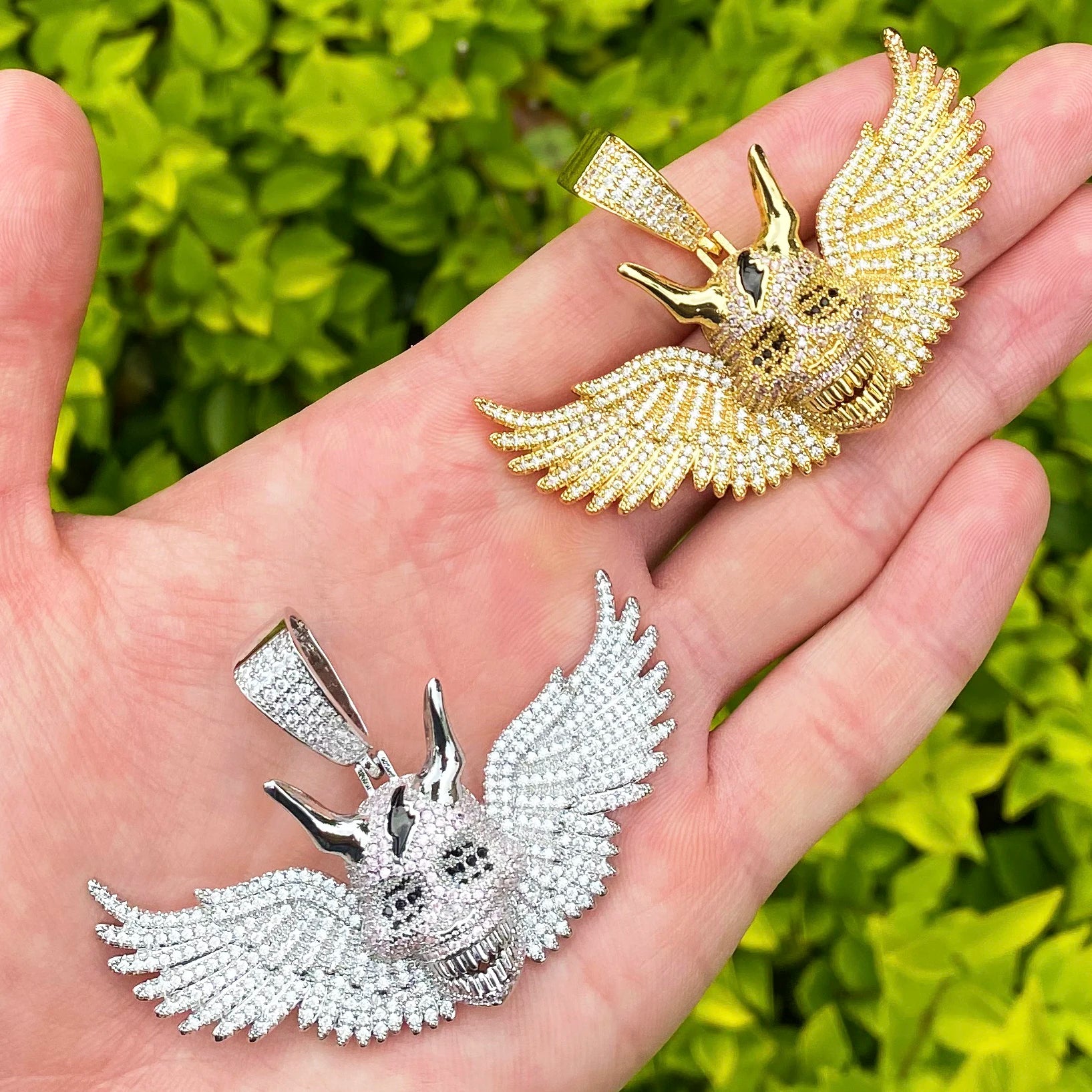 Aokaishen Iced Out Wing Skull Necklace Pendant for Men Real Gold Plated 5A Cubic Zirconia Hip Hop Jewelry
