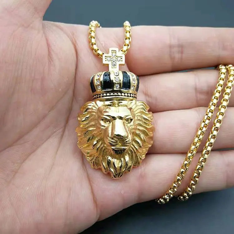 Lion Crown Cross Pendant Necklace — Stainless Steel