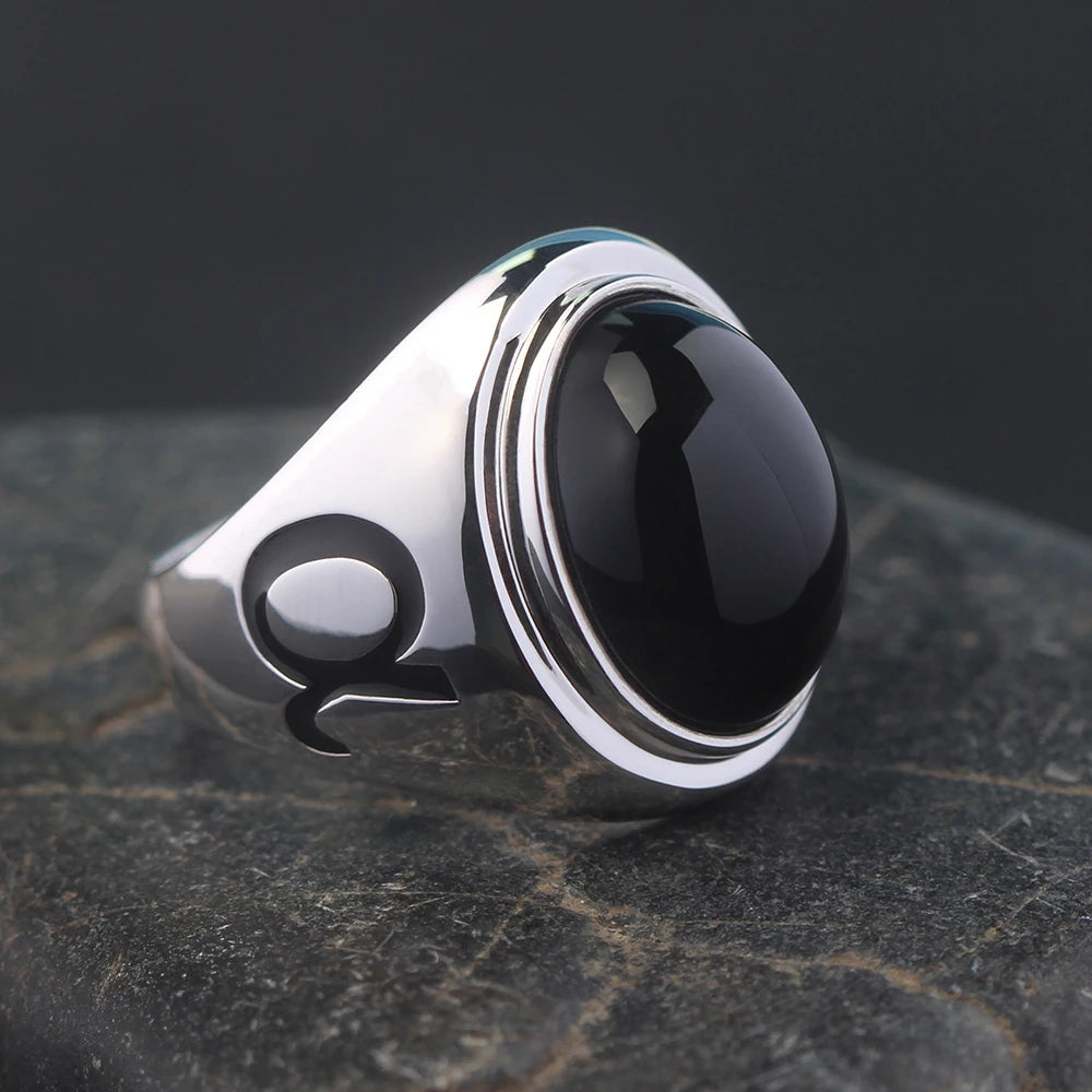 Black Agate Letter Ring — 925 Silver