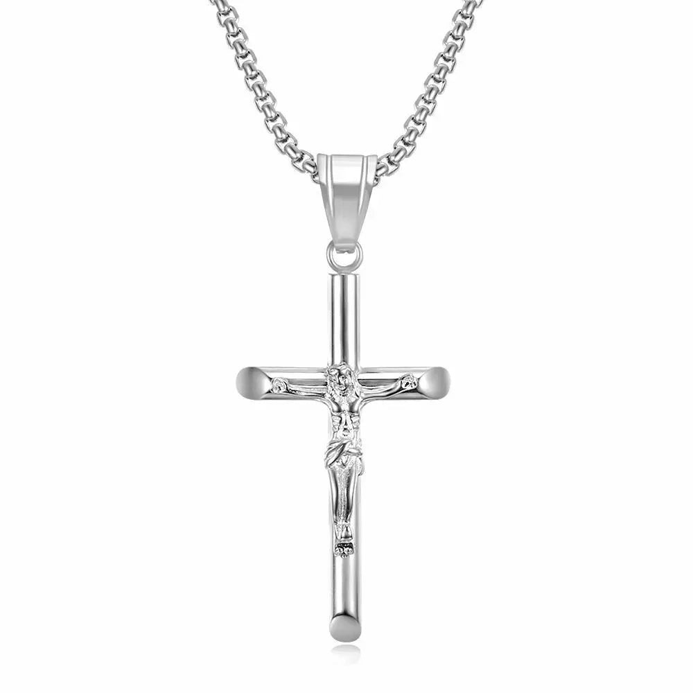 Jesus Cross Pendant Collar Chain Necklace — Stainless Steel