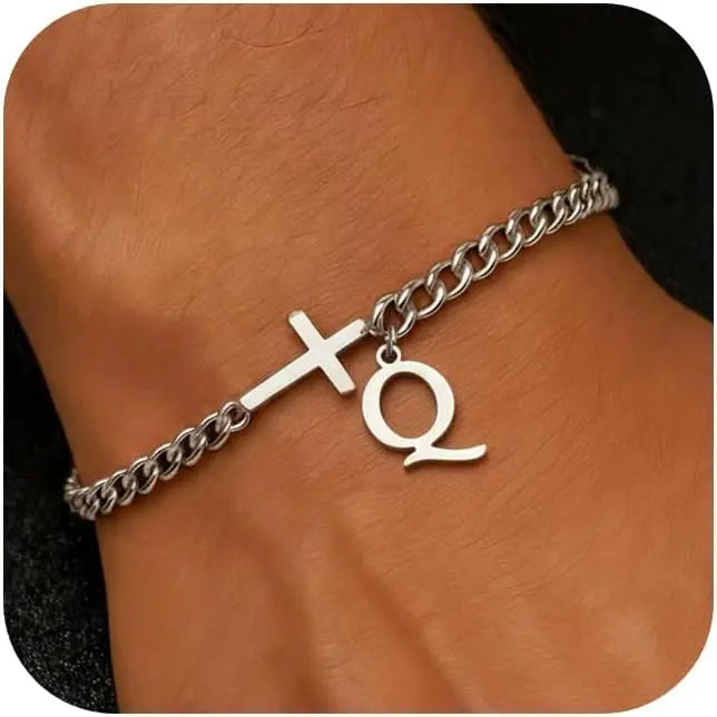 Men Cross Cuban Chain Bracelets for Men Initial A-Z Faith Cross Bracelets, Stainless Steel Initial Bracelet Religious
