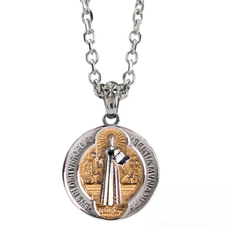 Vintage Titanium Steel Saint Benedict Pendants Exorcist Saint Plaque Prayer Text Cross Religious Necklace Talisman Jewelry