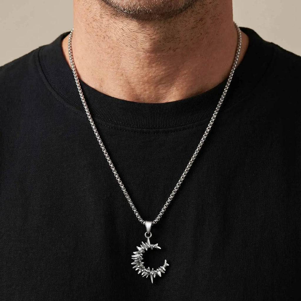 Gothic Thorn Moon Necklace for Men Boys,Vintage Stainless Steel C Shape Pendant Necklace,Birthday Party Jewelry Gift