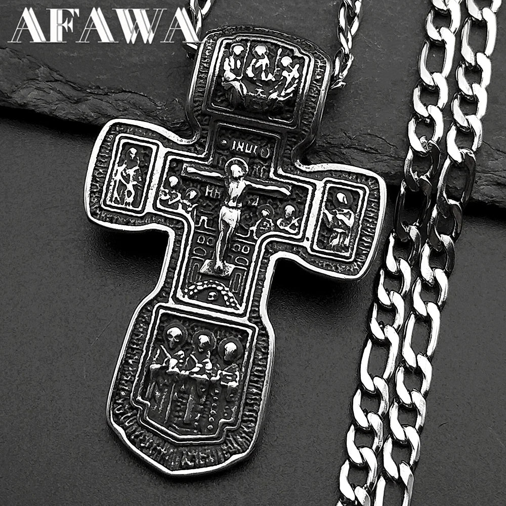 Jesus Crucifix Cross Orthodox Necklace for Women Men Stainless Steel Christian Believer Chain Necklace Vintage Charm