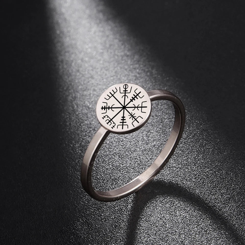 LIKGREAT Vintage Viking Rune Signet Scandinavn Rings for Men Women Vegvisir Compass Ring Circle Norse Helm of Awe Amulet Jewelry