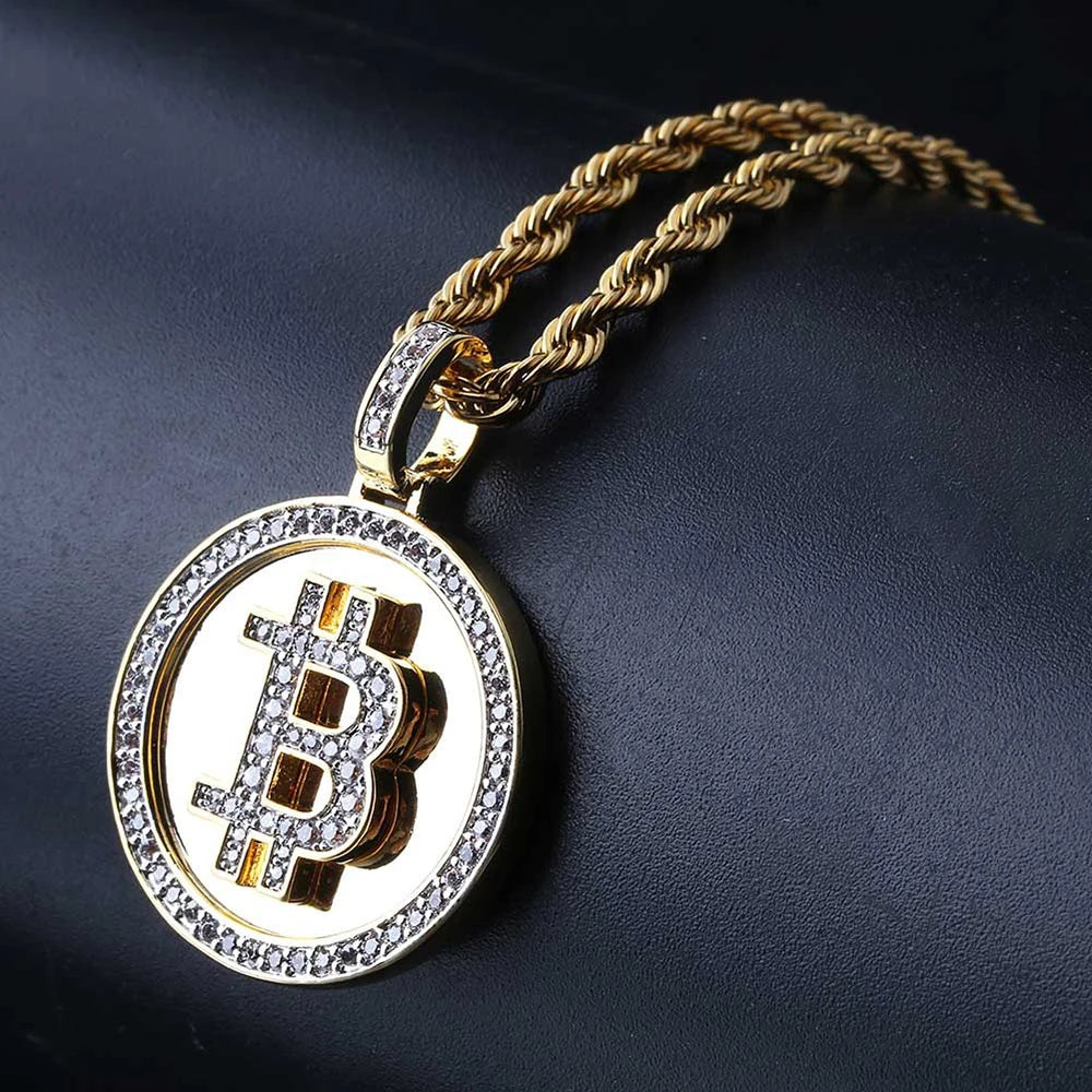 Gold Iced Out Bitcoin Pendant Necklace CZ