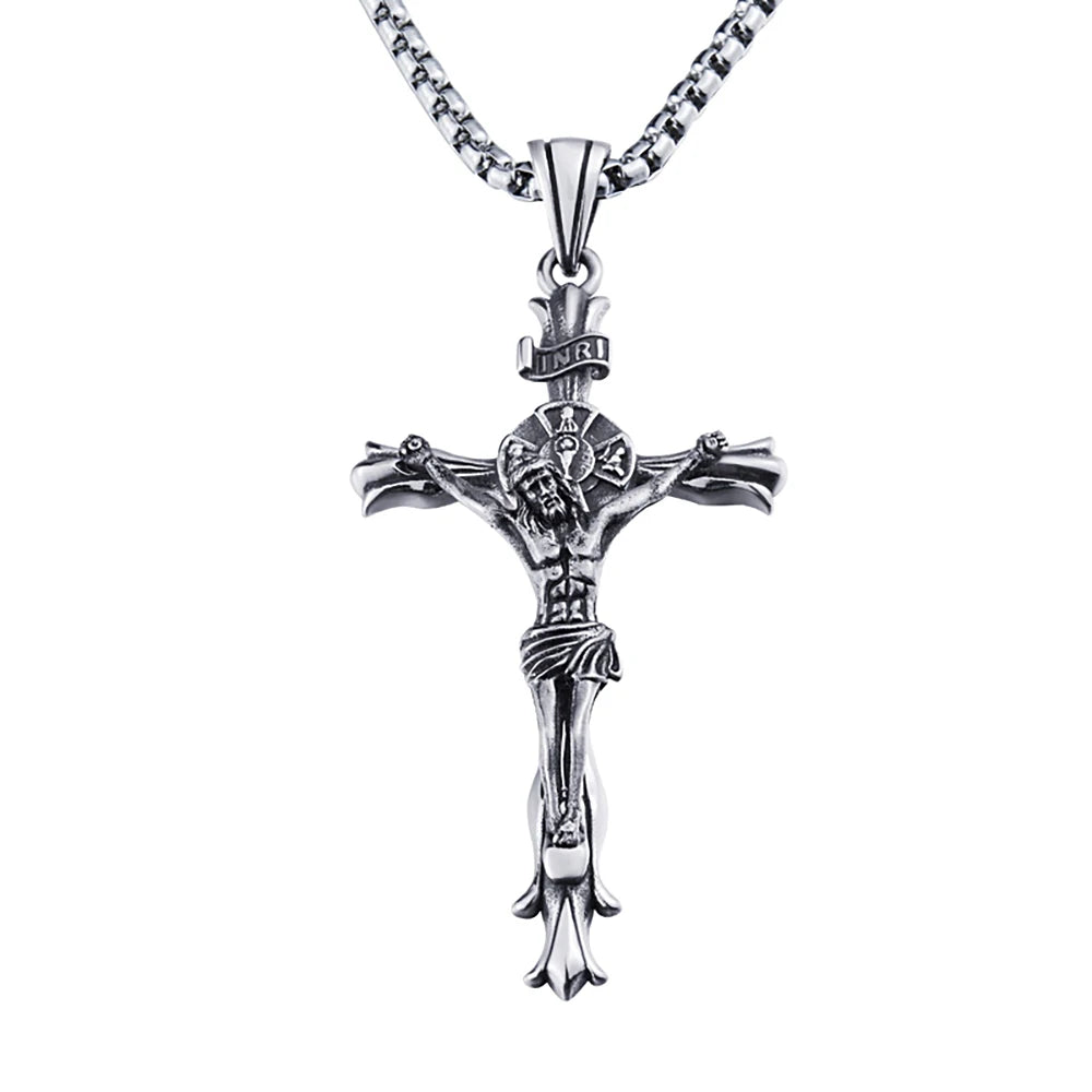 New Vintage Jesus Cross Pendant Necklace For Men Stainless Steel Punk Cross Religious Necklaces Fashion Amulet Jewelry