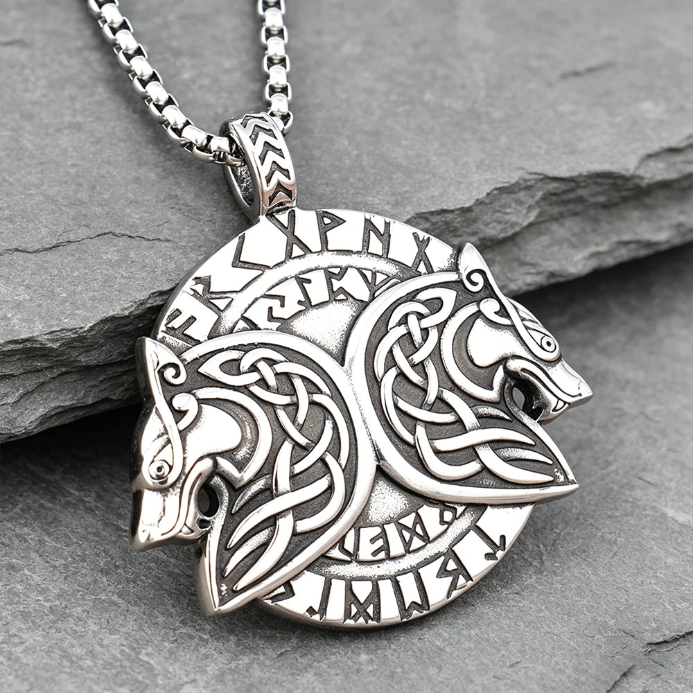 Stainless Steel Viking Fenrir Wolf Pendant Necklace Vintage Nordic Rune Men Jewelry Gift Wholesale Dropshipping