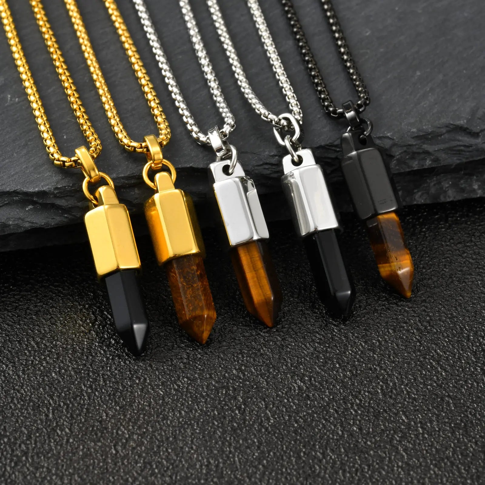 Black Agate Pendant Necklace — Stainless Steel