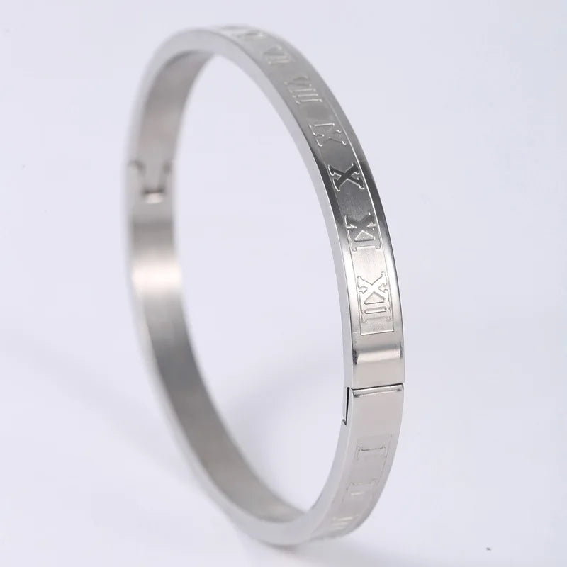 Roman Numeral Charm Bangle — Stainless Steel