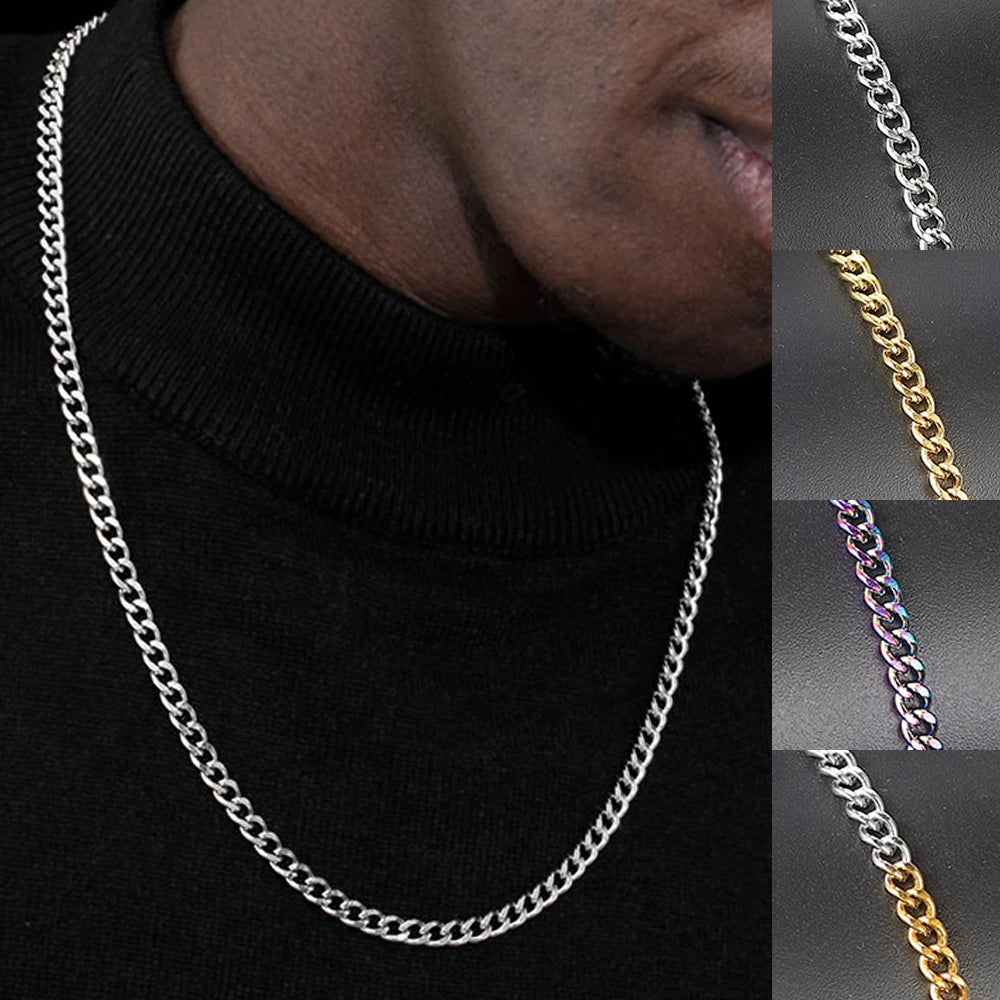 Silver Cuban Chain Necklace Stainless Steel 3/5MM
