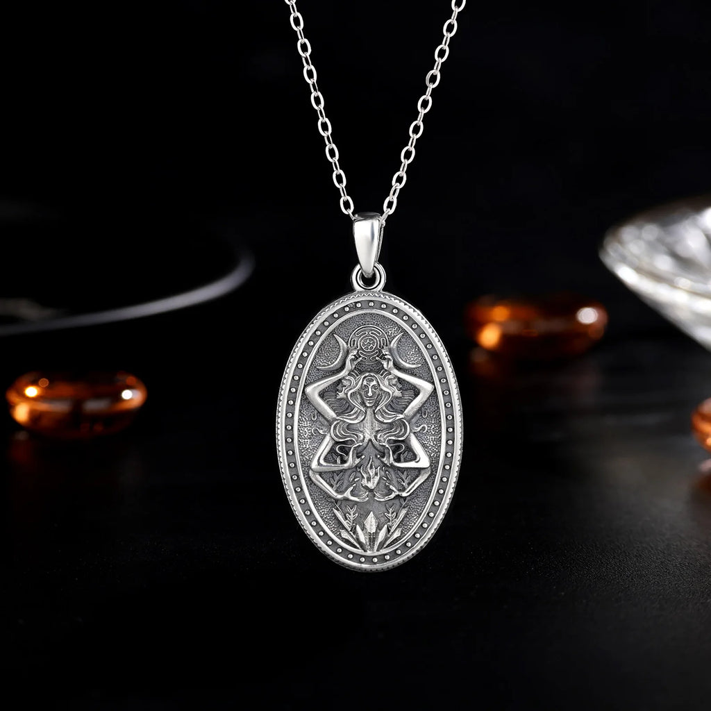 AEONSLOVE Silver Hecate Triple Moon Goddess Necklace Vintage Oval Pendant Wicca Pagan Jewelry Protection Amulet