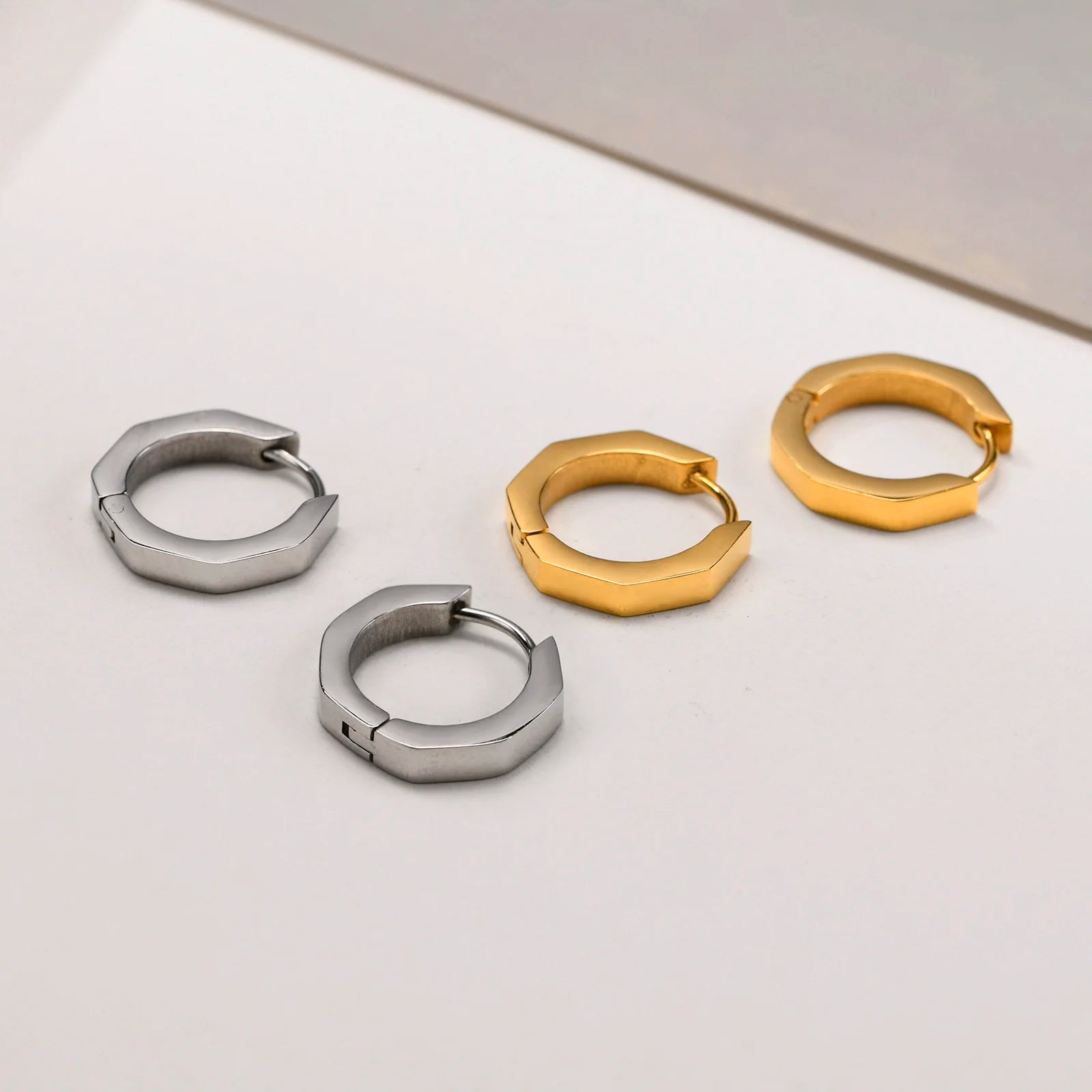 Geometric Octagon Hoop Earrings — Stainless Steel