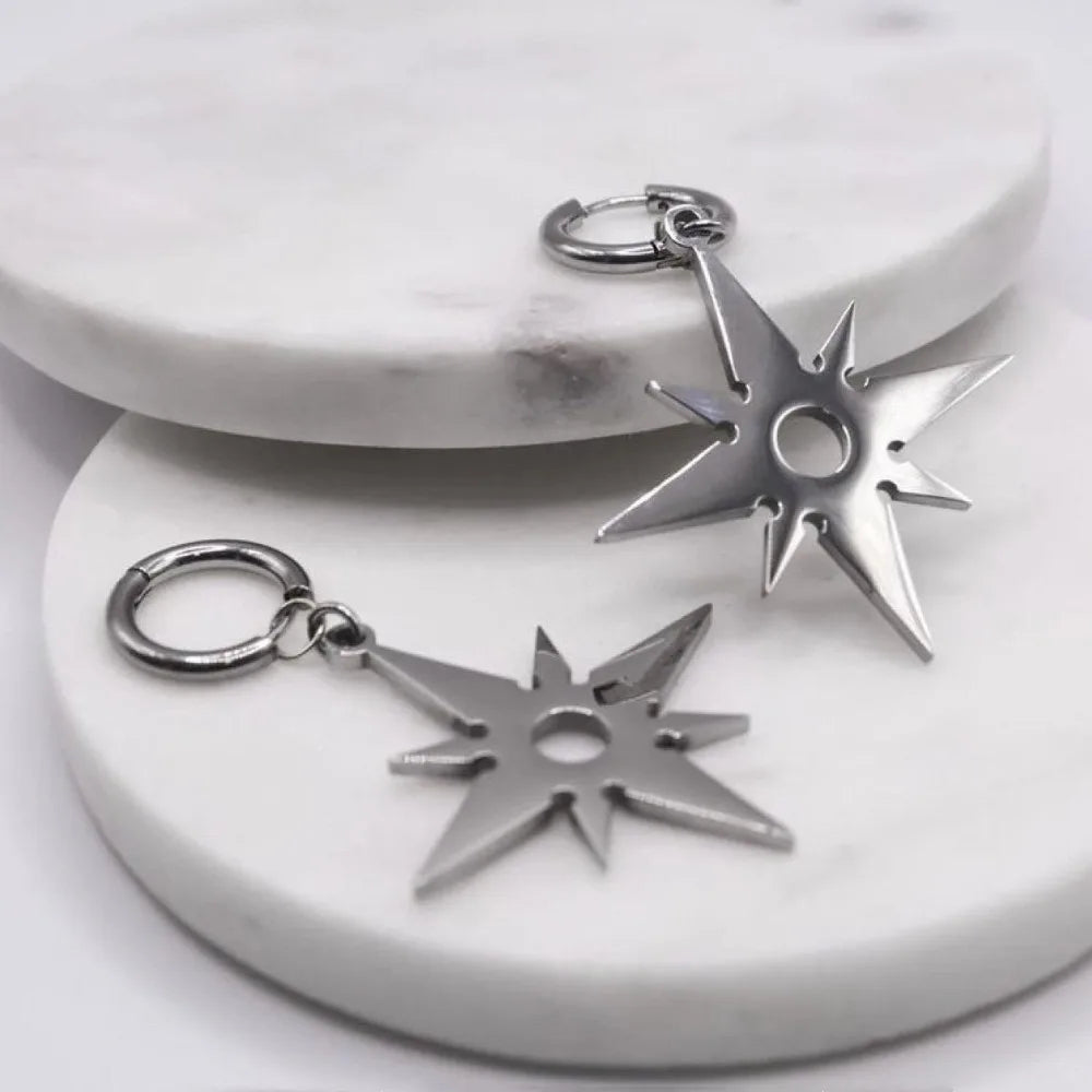 Punk Rock Silver Color Stainless Steel Starlight Flame Pendant Dangle Earrings for Women Men Personality Jewelry Accessory Gifts
