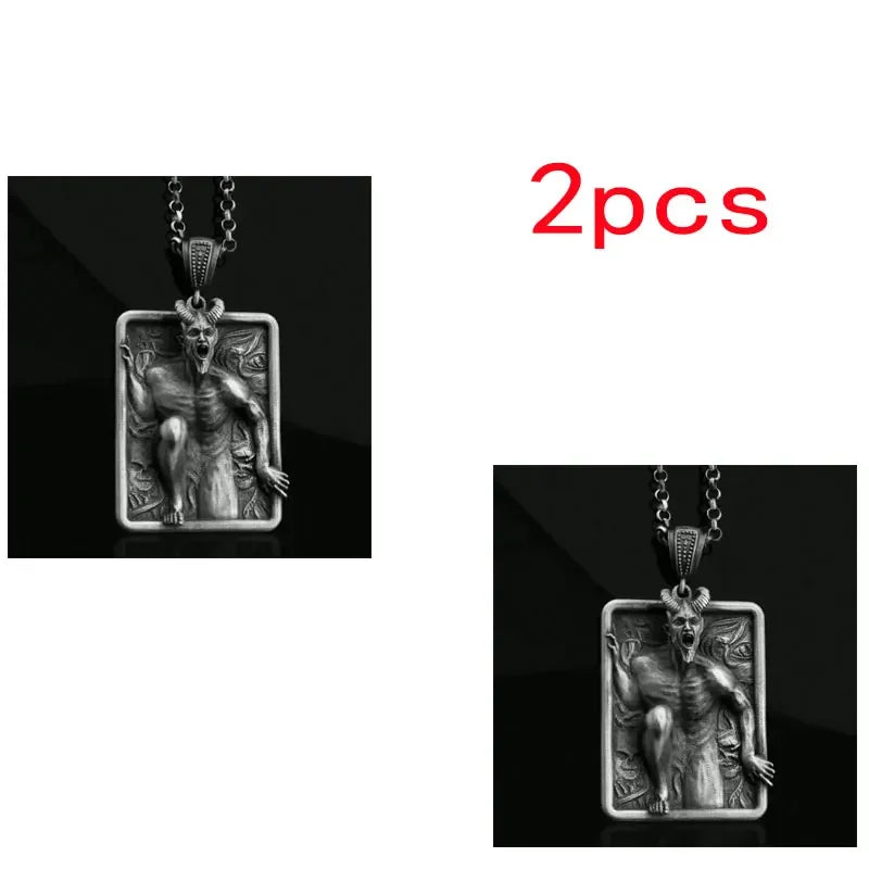 Vintage Gothic Demon Pendant Necklace Punk Zinc Alloy Square Tag Necklace Unisex Street Party Statement Jewelry Collar Demonio