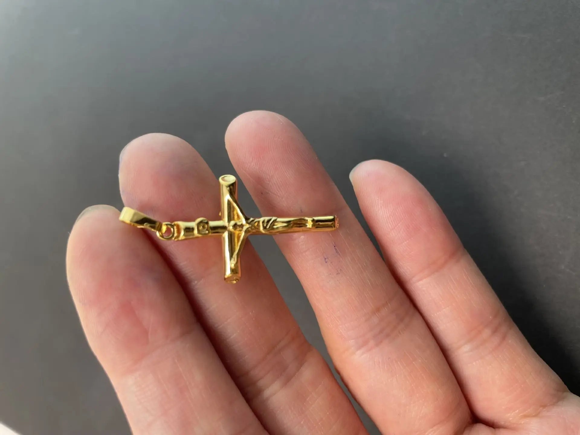 Unisex 24K Gold (AU999) Cross Necklace | Solid gold 3D cross, chiseled holy patterns on matte gold