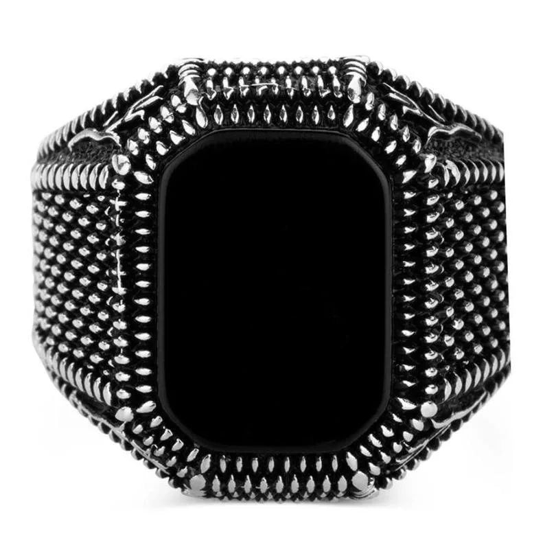 Vintage Handmade Square Onyx Stone Silver Plated Ring Men and Women Turkish Signet Big Ring Punk Jewelry Factory
