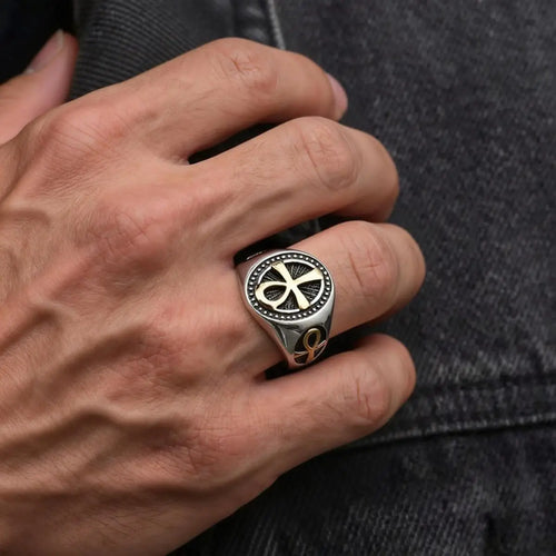 Ankh Cross Vintage Signet Ring — Stainless Steel