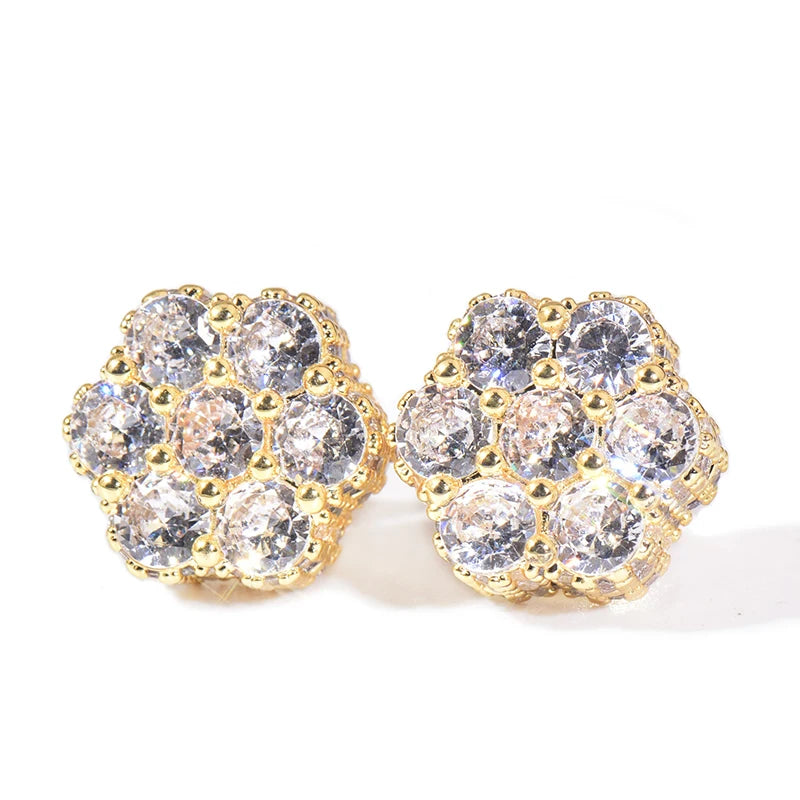 Hip Hop Claw Setting 5A+ Cubic Zirconia Bling Ice Out Stud Earring Male Flower CZ Earrings for Men Rapper Jewelry Gold