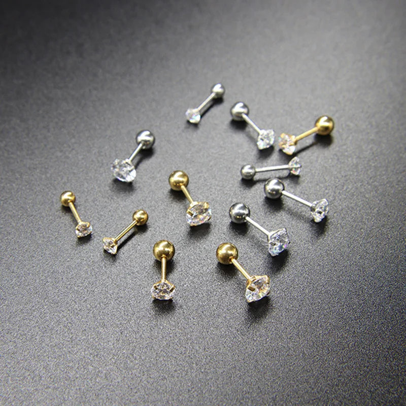 1 Pair 3-8mm Classic Round/Flat Back Screw Stud Earrings for Women/Men Stainless Steel  Shiny Zircon Crystal Piercing Jewelry