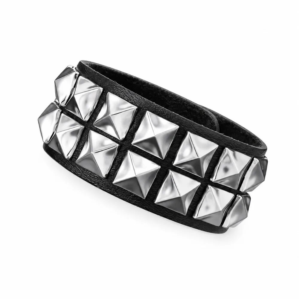 Classic Adjustable Size Rivet Bangle Square Wide Rows Nails Spike Cuff Bracelet PU Leather Bracelets Bangle Men Women