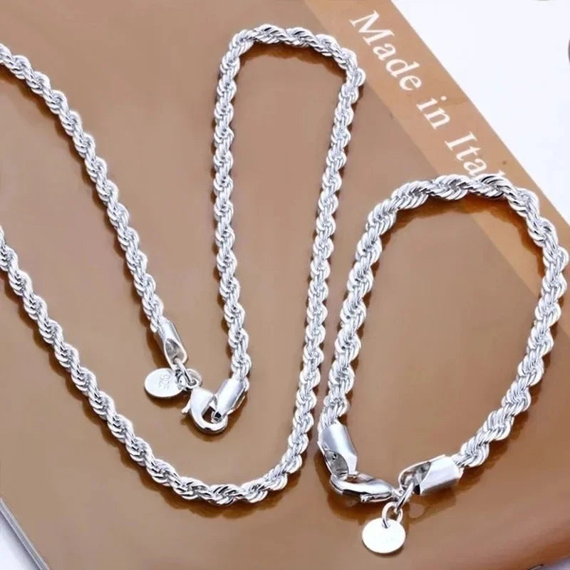 Silver-Tone Rope Chain Necklace Bracelet Set, 4mm