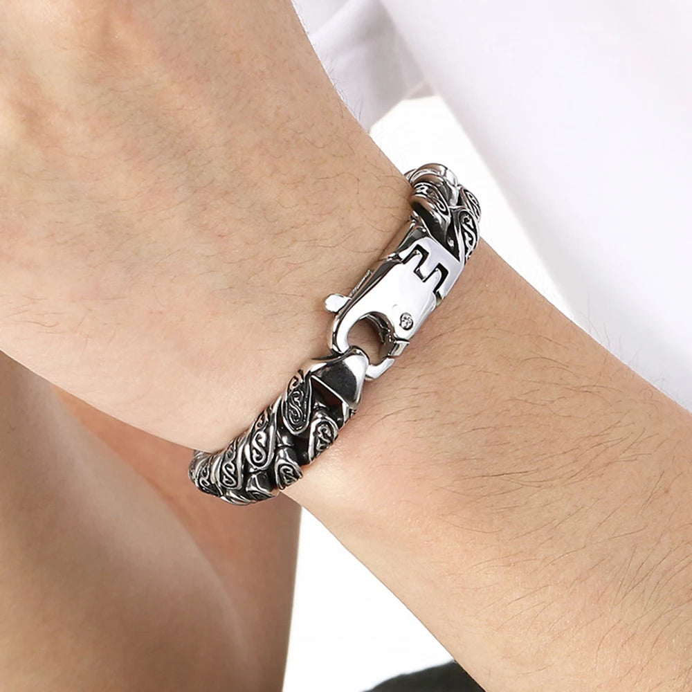 Vintage 12MM Width Cuban Link Chain Bracelet for Man Black Gold Color Stainless Steel Men's Bracelets Wrist Hand