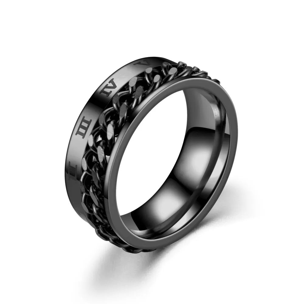 Roman Numerals Stainless Steel Chain Rotating Anxiety Black Rings For Men Fidget Metal Spinner Knuckle Ring Anillos De