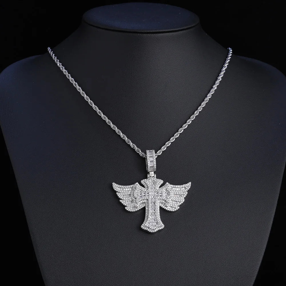 Cross Angel Wings Pendant Necklace Iced Out