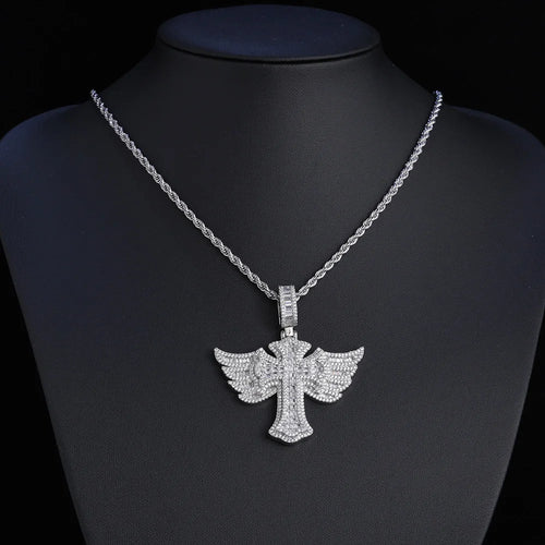 Cross Angel Wings Pendant Necklace Iced Out