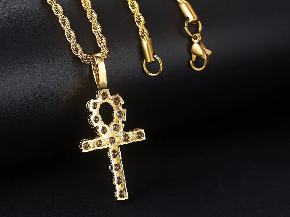 Gold Iced Out Cross Ankh Pendant Necklace