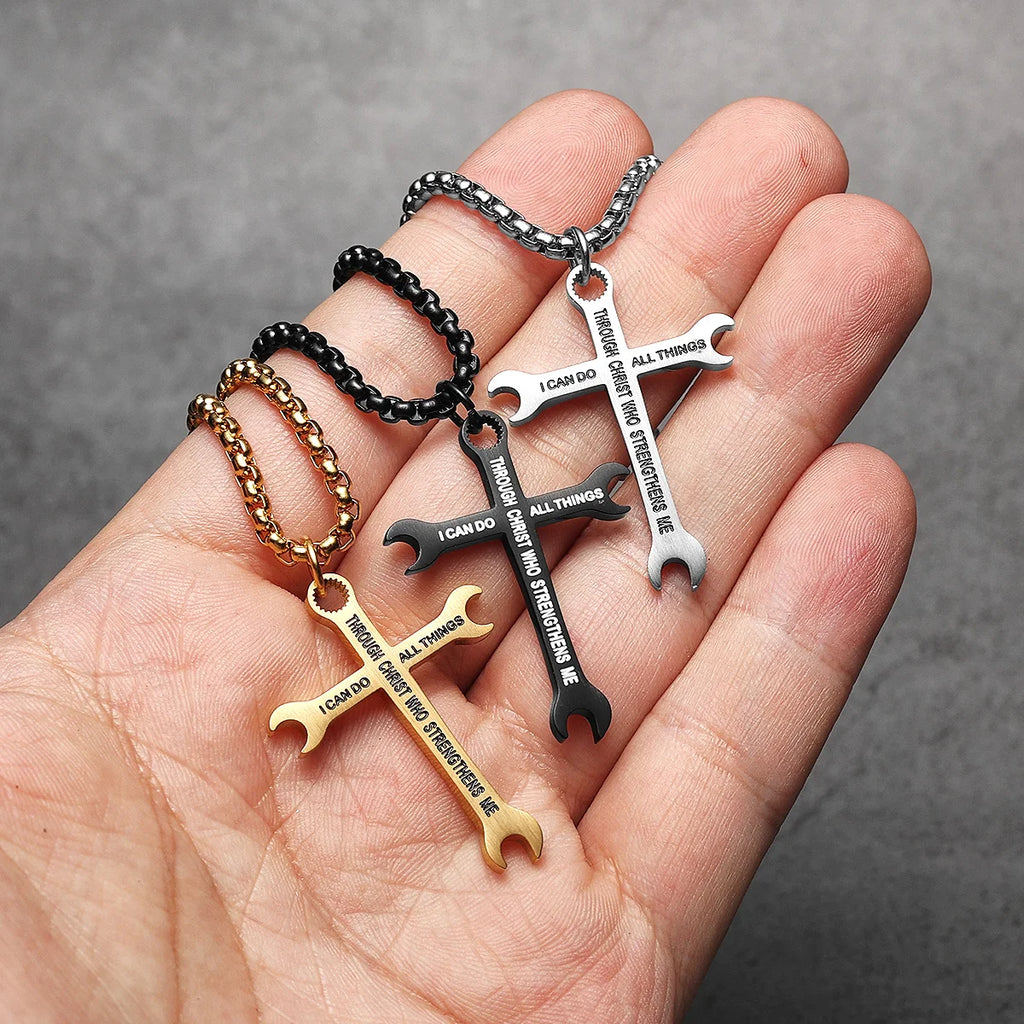 Wrench Cross Pendant Necklace — Stainless Steel
