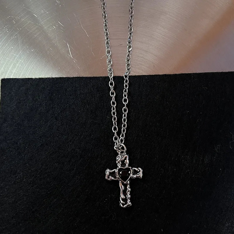 Silver Black Cross Pendant Necklace Vintage Carved