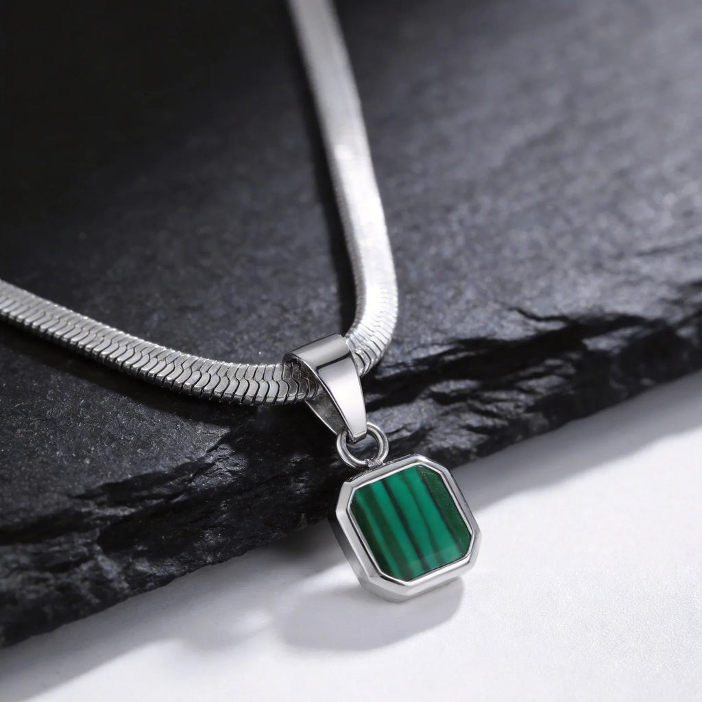 Vnox Geometric Square Natural Stone Pendant Necklace for Men, Gold Silver Color Stainless Steel Blade Chain, Trendy