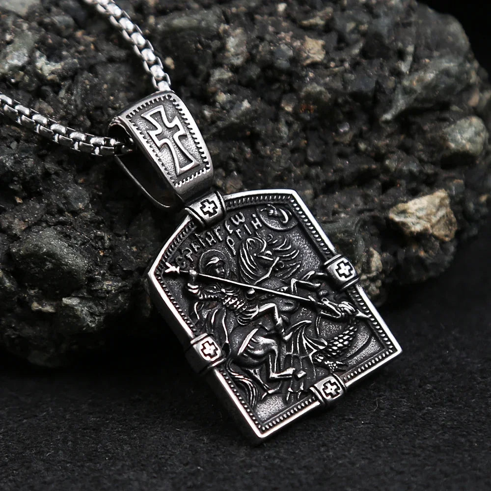 Retro Small Size Dragon Slayer St George Pendant For Men Stainless Steel Cross Biker Necklace Amulet Jewelry Gift