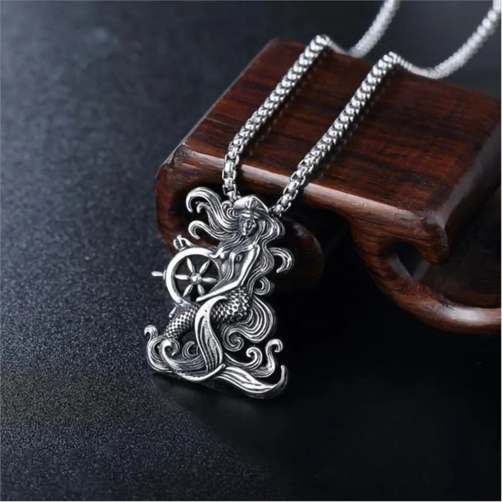 Silver Mermaid Pendant Necklace Stainless Steel