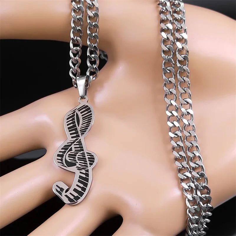 Piano Note Silver Pendant Necklace — Stainless Steel