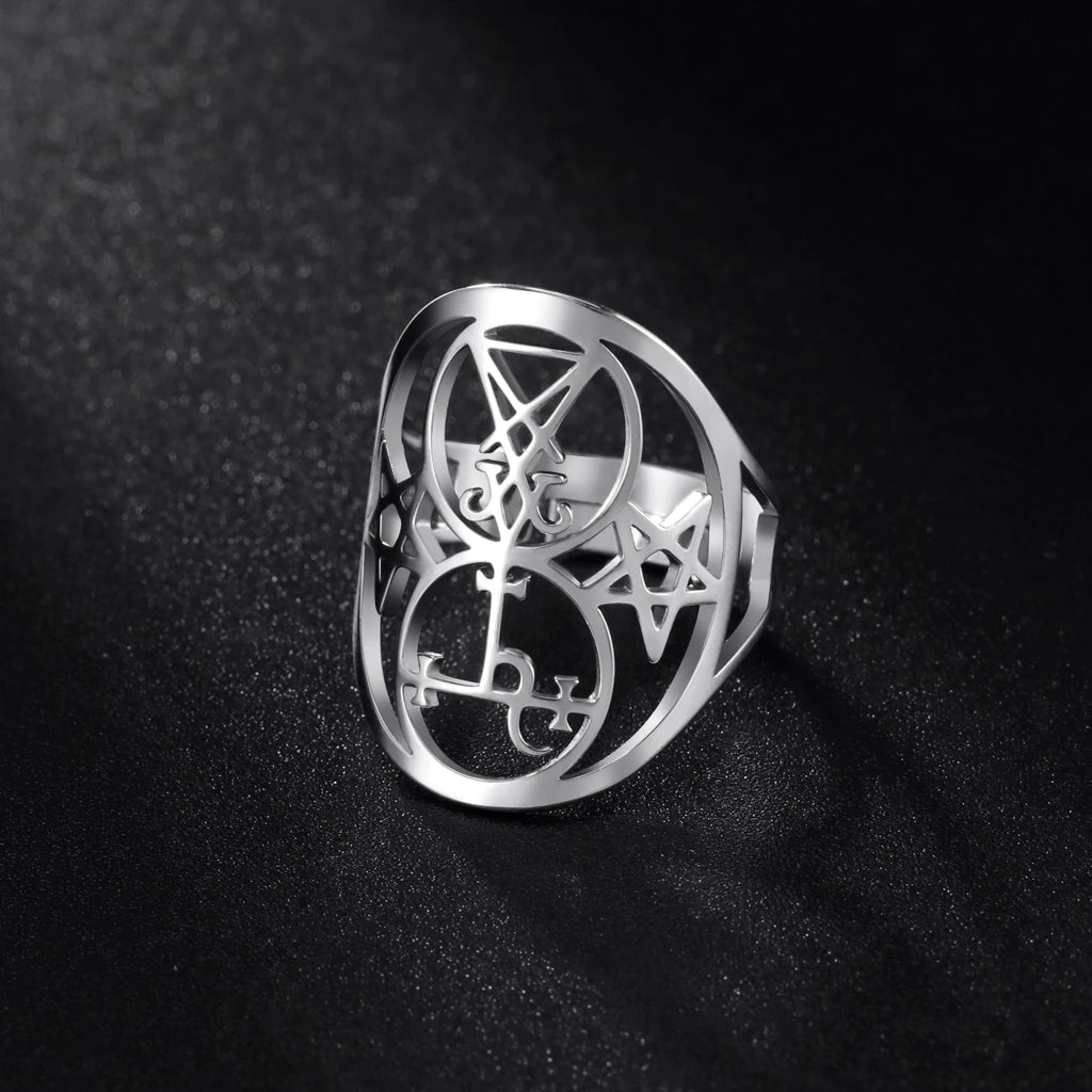 COOLTIME Sigil of Lilith Ring Vintage Stainless Steel Adjustable Pentagram Om Symbol Magic Couple Rings Amulet Jewelry