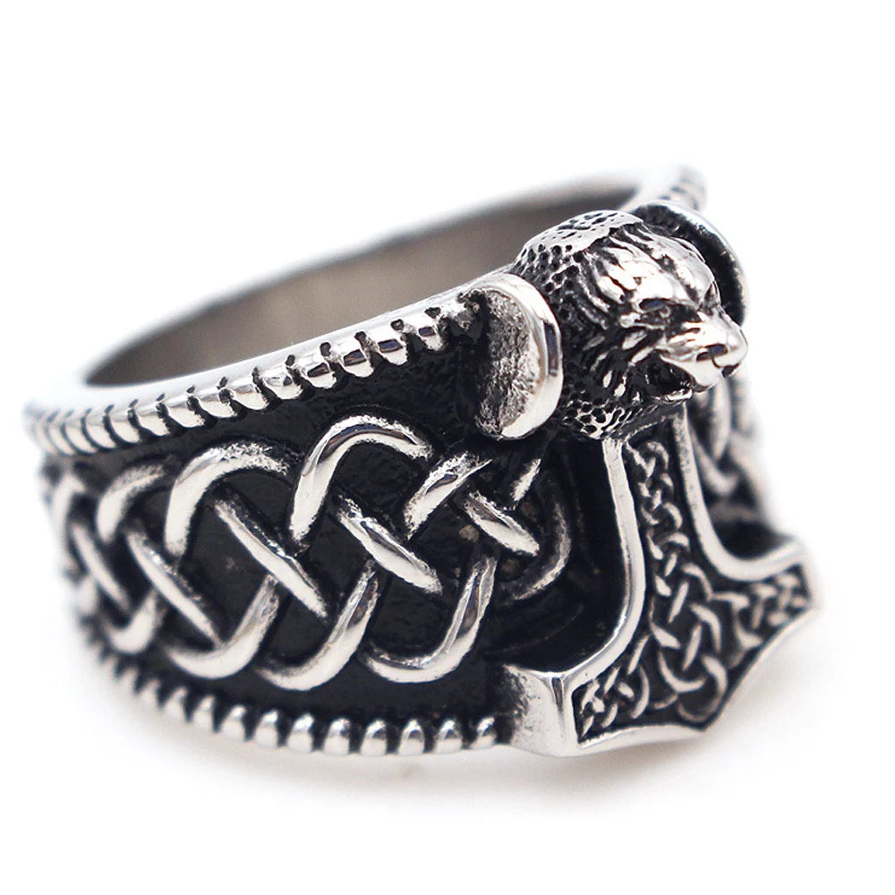 Viking Thor Hammer Bear Head Ring — Stainless Steel