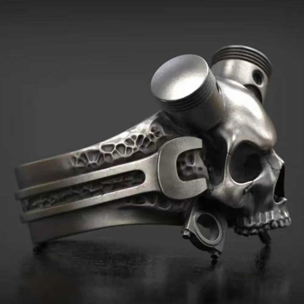 Steampunk Wrench Skull Ring — Gothic Statement