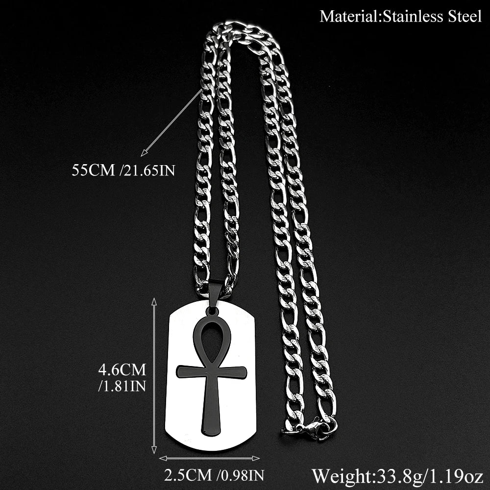 Egyptian Removable Ankh Cross Hollow Dog Tag Pendant Necklaces for Women Men Stainless Steel Egypt Two-Tone Chain Jewelry Gift