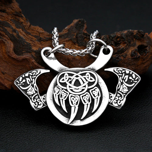 Celtic Knot Bear Paw Twin Axe Stainless Steel Necklace
