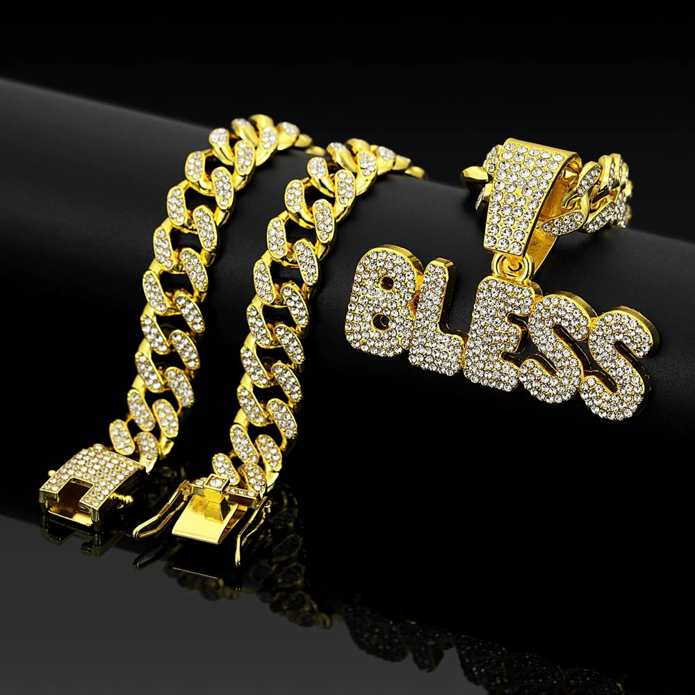 Iced Out BLESS Letter Pendant Necklace — 13mm Cuban Chain