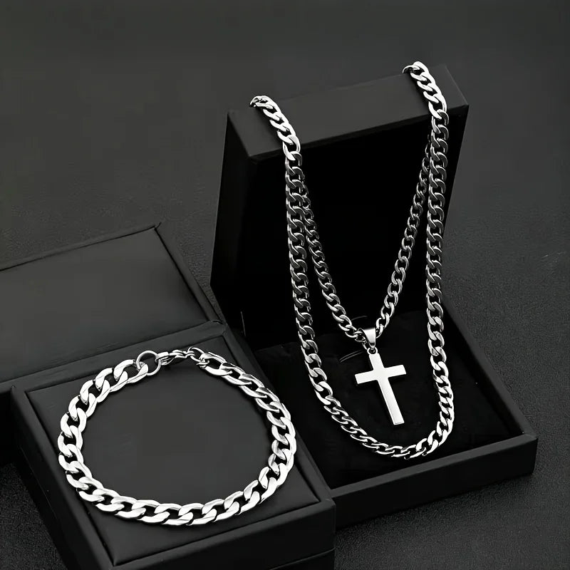 Cuban Chain Necklace Bracelet Set — Stainless Steel