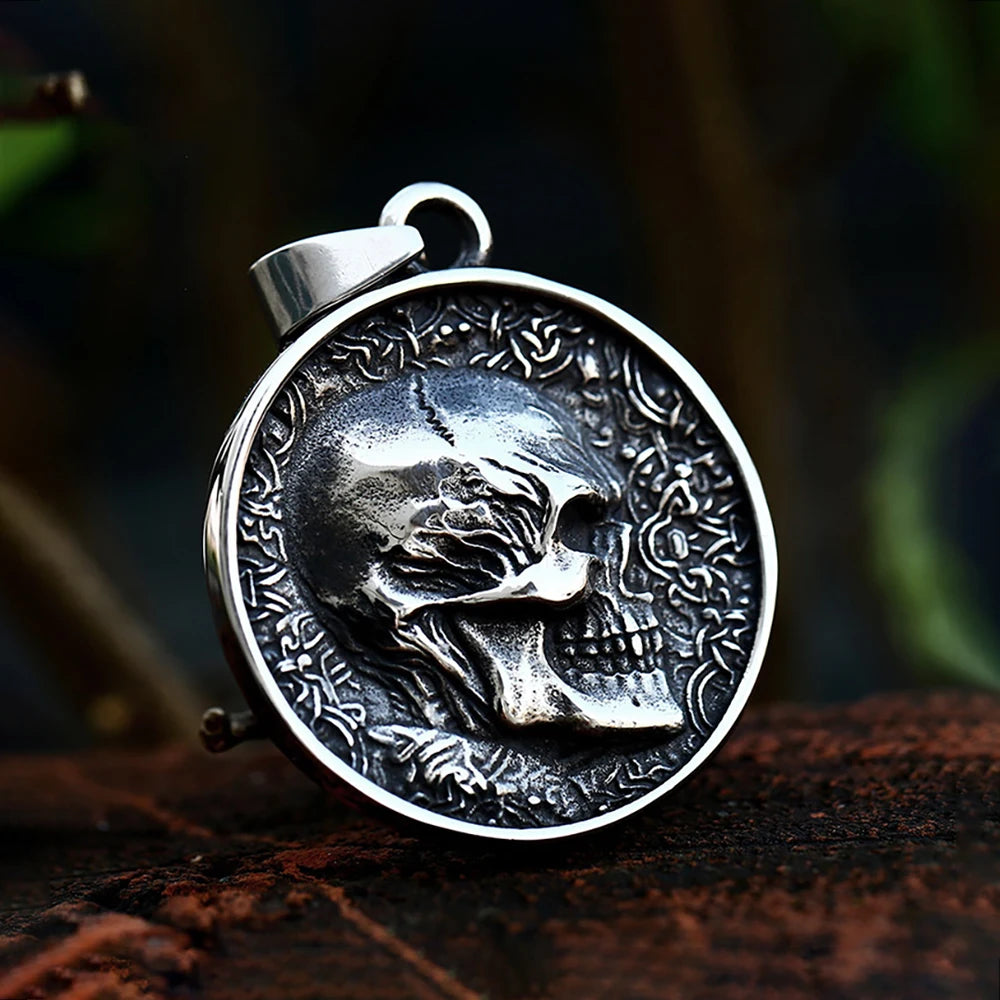 Double-Sided Skull Coin Pendant Necklace — Stainless