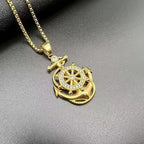 Iced Out Anchor Ship Wheel Pendant Necklace — Stainless Steel