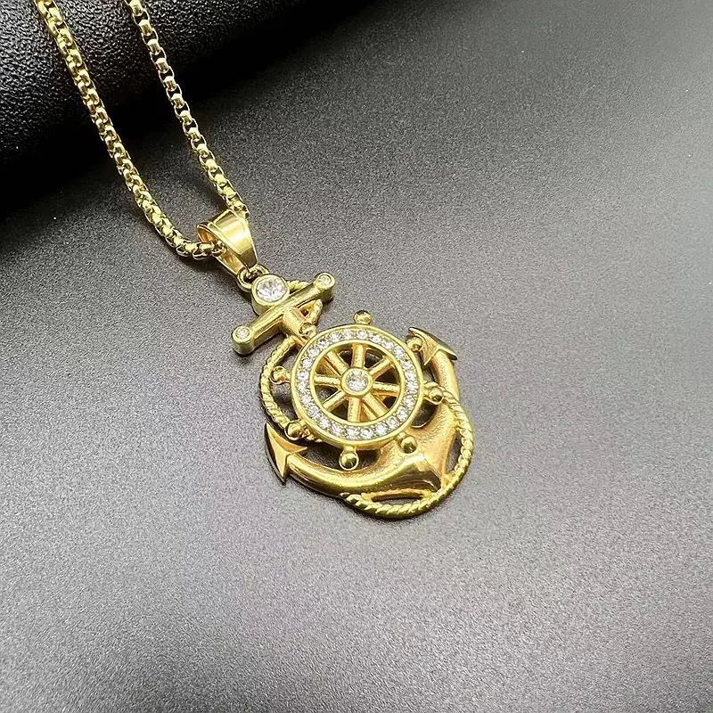 Iced Out Anchor Ship Wheel Pendant Necklace — Stainless Steel